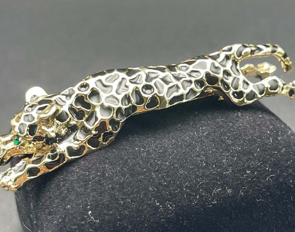 Gold Tone Black Enamel Leopard Pin Leaping Cat Figural 3" Brooch Unsigned VTG